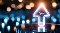 Glowing neon arrow with open text on dark background with blue bokeh lights, business concept representing opportunity and success in digital age.