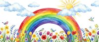 Watercolor rainbow with sun and wildflowers in meadow scene. Bright colorful arc over blooming field with clouds and birds for children decor.