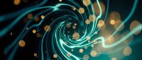 Abstract swirling vortex with glowing golden particles and cyan light trails creating dynamic motion effect on dark background for digital design.