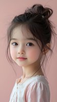 Young Asian girl with messy bun hairstyle wearing white dress against soft pink background portrait for children fashion and lifestyle content.