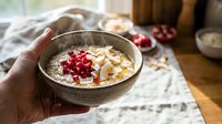Hand holding rustic bowl of oatmeal porridge topped with red currants and almonds, healthy breakfast cereal meal for nutrition and wellness.