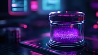Futuristic glass container with glowing purple liquid on high-tech surface with neon lighting effects for science fiction and technology concepts.