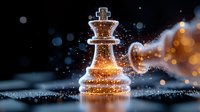 Glowing chess king piece with magical sparkles and bokeh lights against dark background, strategic leadership concept for business presentations.