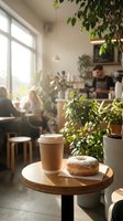 Takeaway coffee cup and glazed donut on wooden table in bright cafe with potted plants, blurred customers and barista in background for food and beverage industry use.