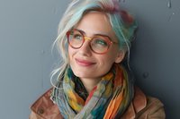 Young woman with pastel hair and orange glasses wearing colorful scarf and leather jacket smiles warmly against gray wall background. Modern urban style portrait.