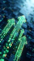 Three glowing circuit board arrows pointing upward on digital blue background, representing growth, progress, and technology advancement for business and finance concepts.