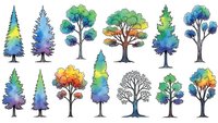 Watercolor tree collection with colorful foliage isolated on white background for nature design projects and environmental graphics.