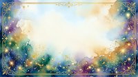 Magical watercolor background with golden ornamental frame, glowing bokeh lights, and soft pastel colors blending across white center space for text overlay and design projects.