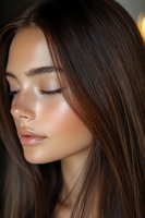 Close-up profile of young woman with glowing skin, natural makeup, and long brown hair with subtle highlights. Perfect for beauty and skincare advertising.