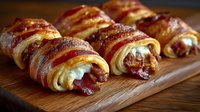 Bacon-wrapped pastry rolls filled with cream cheese on wooden cutting board. Savory appetizers ready for breakfast, brunch or party serving.