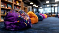 Colorful bean bag chairs lined up in modern library reading area with purple butterfly patterned and orange seating against dark carpet, creating cozy relaxation space.