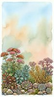 Watercolor succulent garden with colorful plants and flowers on soft pastel background for botanical art and nature design projects.