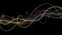 Abstract colorful flowing lines with sparkles on black background for modern digital design and creative projects.