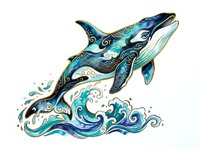 Ornate orca whale with decorative patterns jumping through stylized ocean waves, isolated on white background for design projects.