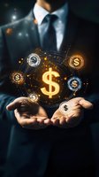 Businessman in dark suit holding glowing digital dollar signs and network connections, representing financial technology and digital currency concept.