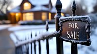 Frost-covered real estate sign in front of glowing house windows during winter evening, creating cozy atmosphere with snow-covered fence and warm lights in background.