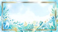 Watercolor ocean waves with tropical foliage, seashells, and starfish border frame on white background. Isolated design element for invitations, cards, and coastal-themed projects.