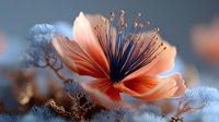 Delicate coral-colored flower with dark blue stamens in bloom, surrounded by soft blue foliage creating dreamy botanical composition.