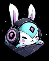 Cute gaming bunny character with headphones and mint color scheme on dark background. Kawaii style mascot for gaming and streaming design elements.