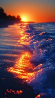 Ocean waves breaking on shore during dramatic sunset, creating golden sparkles and reflections on water surface as sun dips below horizon. Serene coastal scene.