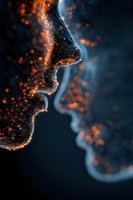 Abstract profile silhouette illuminated with glowing orange particles against dark background, creating ethereal cosmic effect for creative projects.