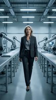 Middle-aged Caucasian woman in business attire walking through modern manufacturing facility with robotic arms. Suitable for corporate, industry, and technology concepts.