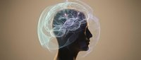 Male silhouette with glowing neural network visualization inside head, representing artificial intelligence, machine learning, and cognitive technology for business and science applications.