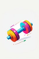 Colorful stylized dumbbell with vibrant gradient rings in pink, orange and yellow on metallic blue bar, isolated on white background for fitness designs.