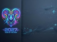 Neon glowing ram head with curved horns in purple and cyan colors, 2027 year of the ram text below, futuristic digital art style with tech circuit patterns and glowing effects on dark background.