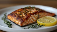 Grilled salmon fillet seasoned with herbs and spices, served on white plate with fresh thyme sprigs and lemon slice garnish, showcasing crispy seared surface.