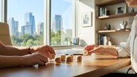 Business meeting with wooden dice on table overlooking city skyline through office windows. Corporate decision making and strategy planning concept.