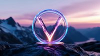 Glowing neon circle with letter V against mountain landscape at sunset, vibrant purple and blue light trails creating magical atmosphere on rocky terrain.