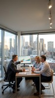 Financial advisor presenting retirement roadmap to Caucasian couple in modern office with city skyline, discussing investment growth charts.