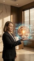 Professional businesswoman lawyer using holographic justice scales technology in modern office with digital interface and futuristic legal tech innovation.
