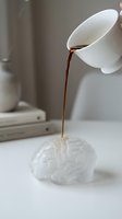 Pouring dark liquid from white ceramic pitcher onto translucent brain model, conceptual representation of knowledge transfer, learning, and intellectual development for educational and business applications.