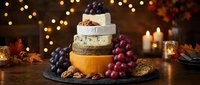 Gourmet cheese platter with grapes and nuts on wooden board, warm candlelight bokeh background for holiday entertaining and festive dining occasions.