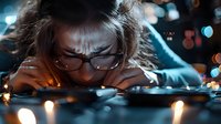 Young Asian woman in glasses examining vinyl records closely under atmospheric lighting with bokeh effects and warm candlelight creating moody ambiance.