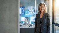 Mature blonde woman in dark blazer standing in modern office with city lights visible through windows at dusk, professional business portrait.