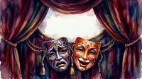 Theatrical masks of tragedy and comedy with gold accents hanging against luxurious burgundy velvet curtains with golden tassels and chains, suitable for performing arts and entertainment concepts.