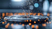 Water drop splash creating crown shape with floating droplets against blurred orange bokeh lights background in dark moody atmosphere. Macro photography of liquid dynamics.