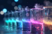 Glowing test tubes with colorful luminescent substances in laboratory setting against dark background with bokeh lights create magical scientific atmosphere.