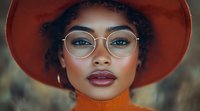 Young African American woman wearing round glasses and orange wide-brim hat, close-up portrait showing natural makeup and curly hair against blurred background.
