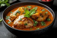 Juicy chicken thighs in rich curry sauce garnished with fresh herbs and mint leaves served in black ceramic bowl on dark background. For restaurant menu.