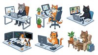 Cats working at computers and desks in various office setups, multitasking with laptops, monitors, and plants. Suitable for business, technology, remote work, and humorous corporate projects.