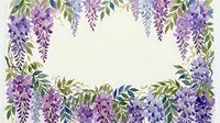 Watercolor wisteria flowers frame with purple blooms and green leaves on cream background for wedding invitations and spring designs.