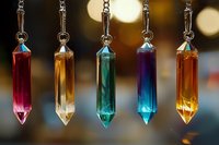 Colorful crystal pendants hanging in row with bokeh background, featuring red, amber, emerald, sapphire and orange gemstones catching light and creating magical glow.
