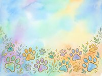 Colorful paw prints and botanical elements arranged in a border design on soft watercolor background with pastel hues, suitable for pet-related projects and greeting cards.