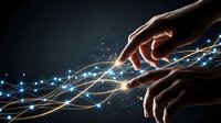 Hands touching glowing digital network lines and particles on dark background, representing connection, technology transfer, data exchange, and innovation for business and communication concepts.