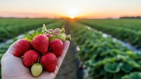 Fresh ripe strawberries in farmer hand at sunrise over agricultural field rows. Organic berry harvest concept for healthy eating and farming.
