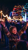 Happy child celebrating at outdoor Christmas market with colorful bokeh lights and festive decorations in winter evening atmosphere.